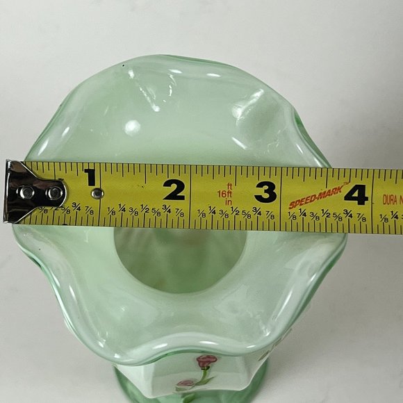 Cased Milk Green Glass Vase Hand Painted Pink Roses Floral Flower Ruffled Top - Picture 10 of 11